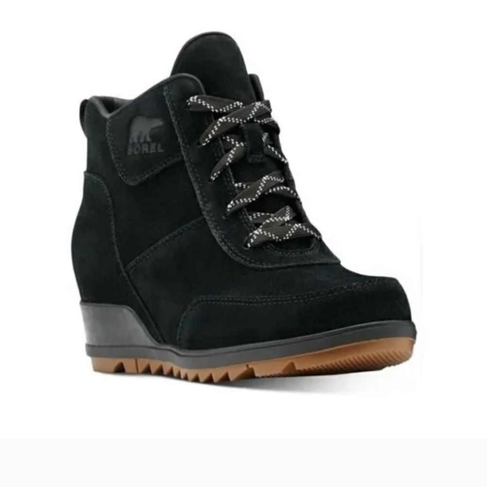 Women's Sorel Evie Sport Lace Black Suede Wedge Heel Bootie Size 7.5